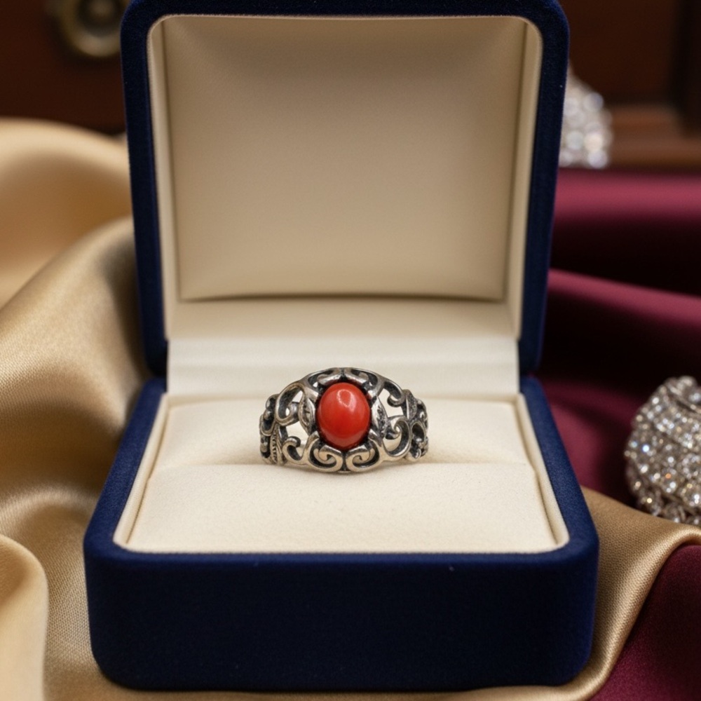 Sterling Silver Filigree Ring with Red Coral Cabochon signed & Stamped